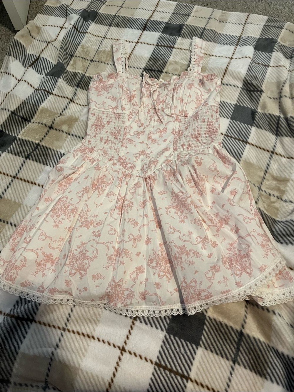 Girls' Pink Toile Print Sundress with Lace Trim with corset
